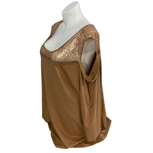 Denim 24/7 Top Womens 4x Brown Sequin Knit Shirt Cold Shoulder Office Casual - Picture 6 of 14